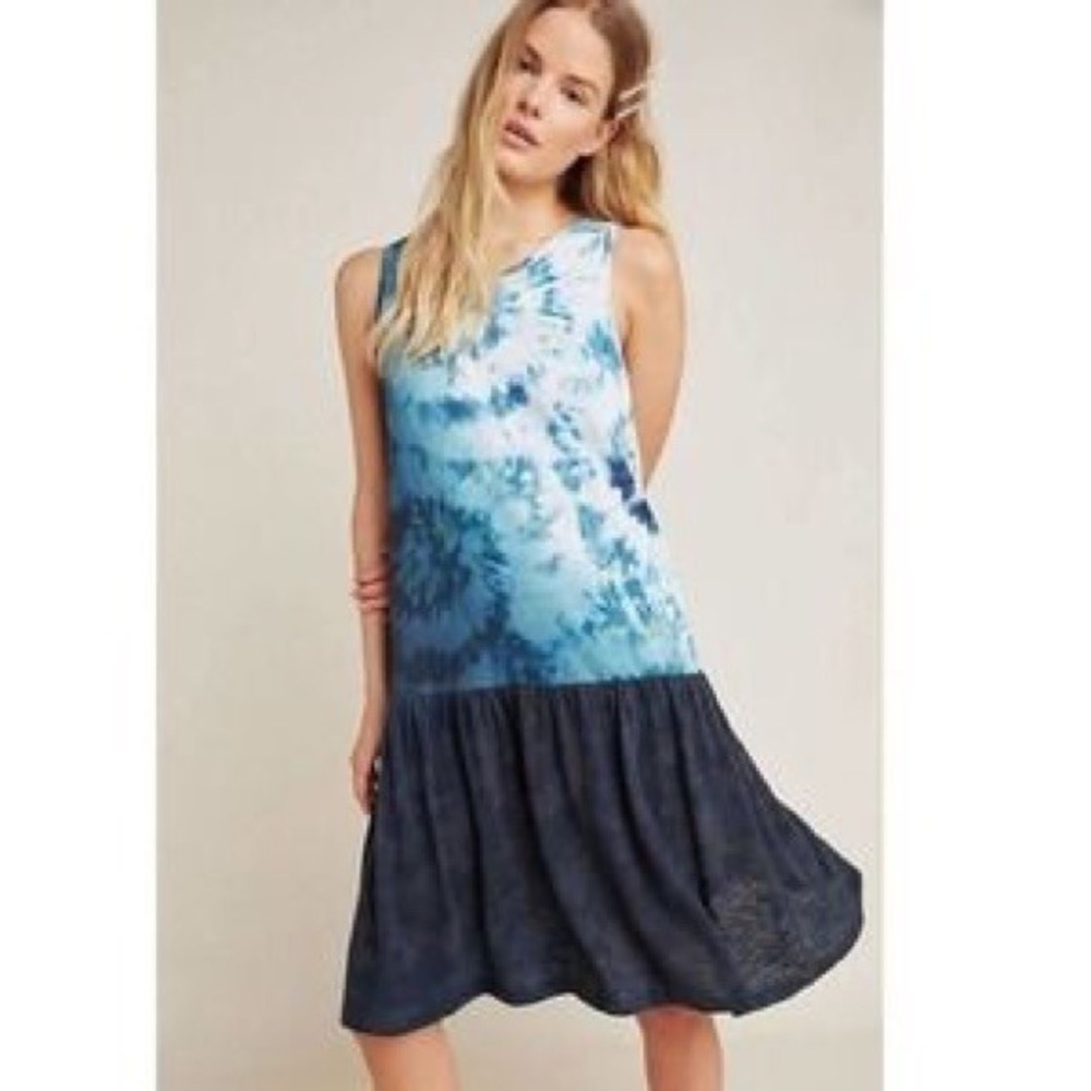 Saturday Sunday Anthropologie Tie Dye Drop Waist Dress Blue White XS Cotton
